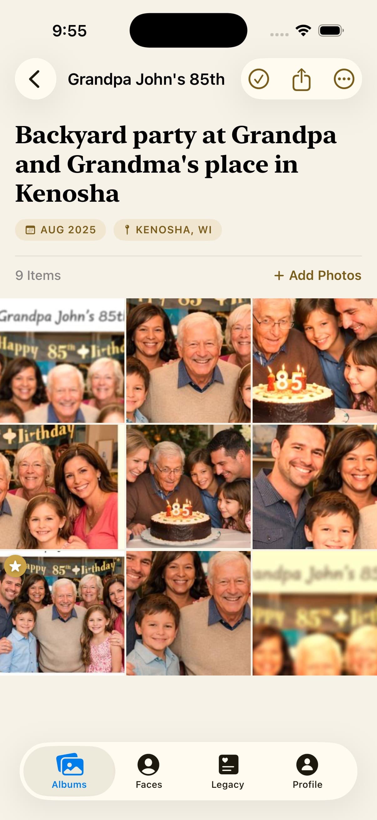 LegacyLens album view showing family photos from Grandpa John's 85th birthday