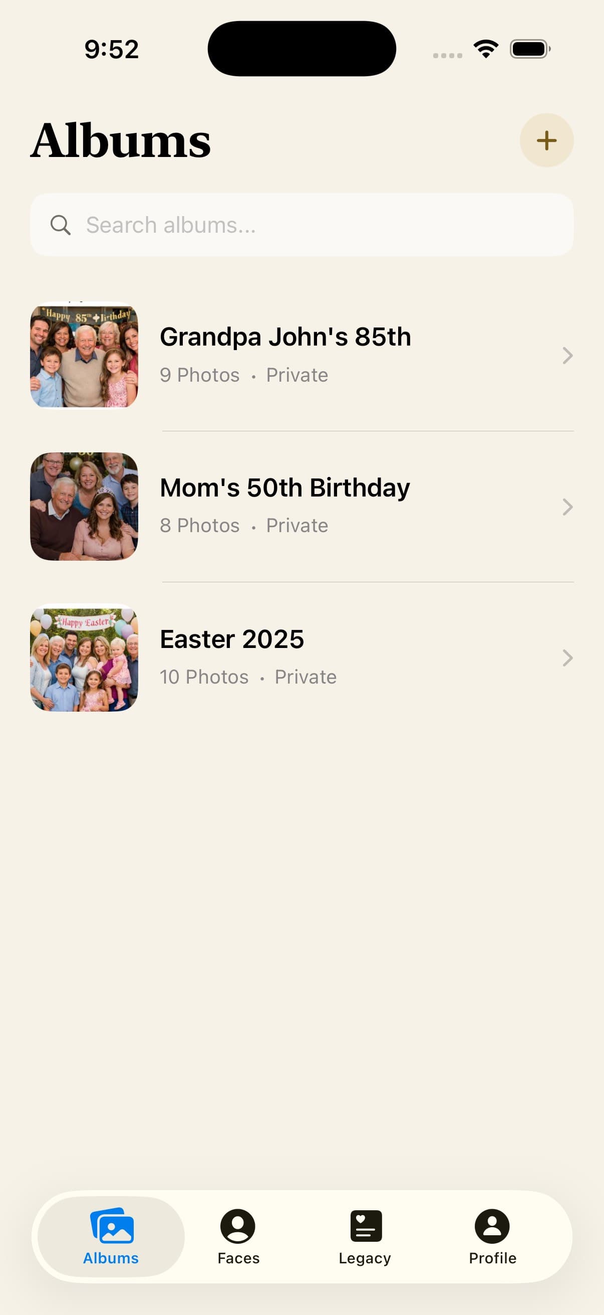 LegacyLens albums list showing family event albums