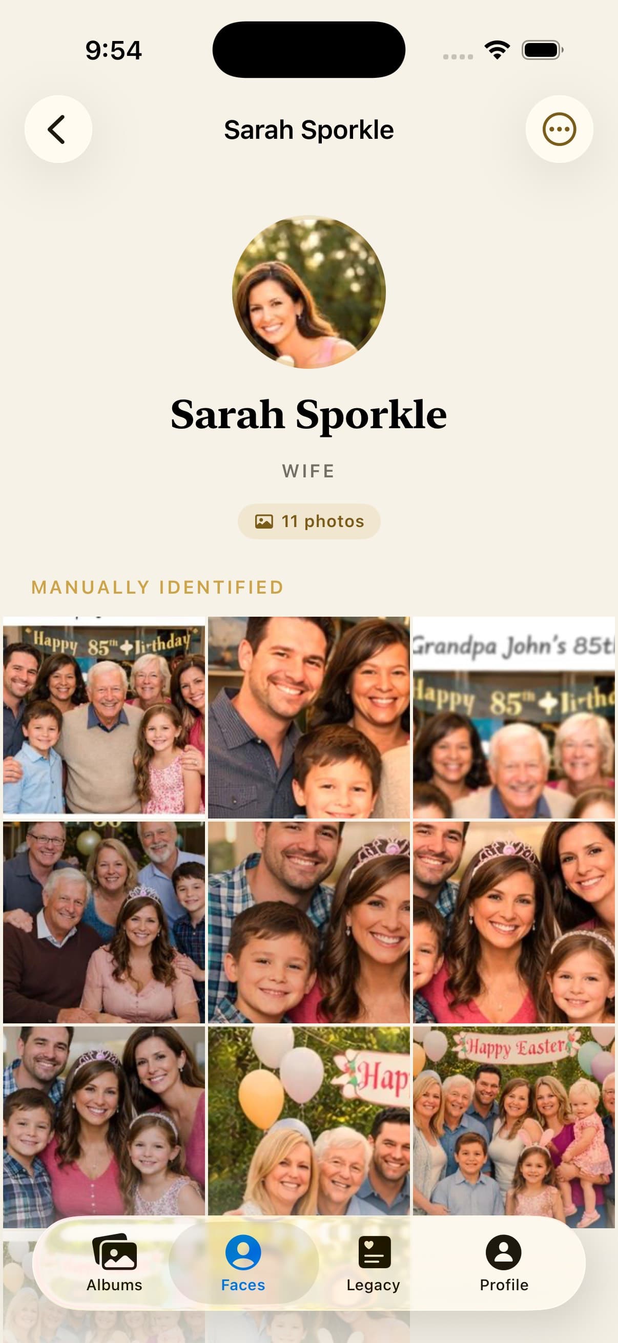 LegacyLens face profile showing identified family member across multiple photos