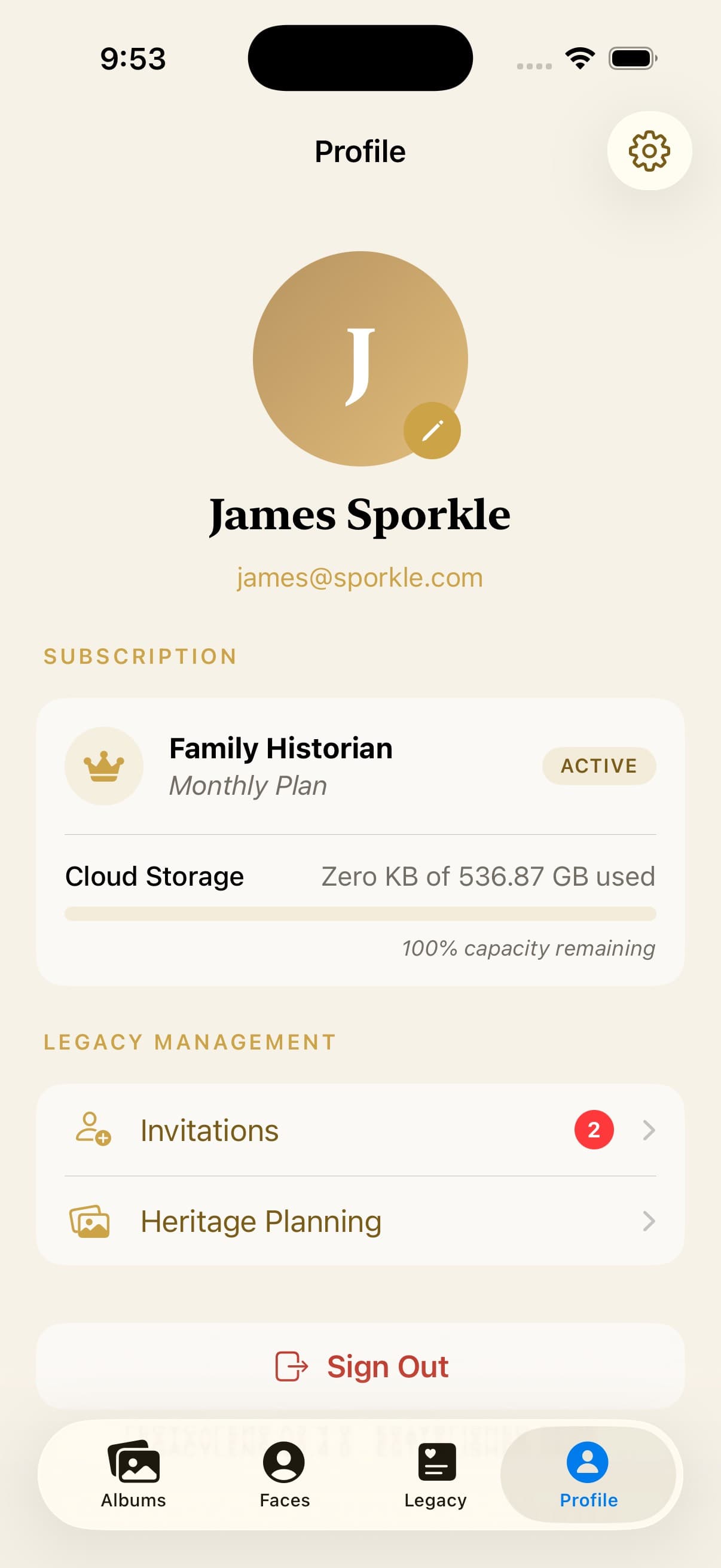 LegacyLens profile showing subscription and legacy management options